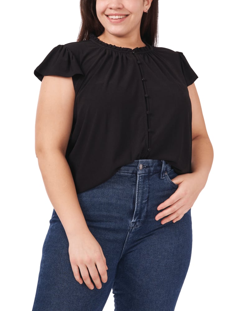 Front of a model wearing a size 1X Avery Button-Front Top in RICH BLACK by CeCe. | dia_product_style_image_id:263511